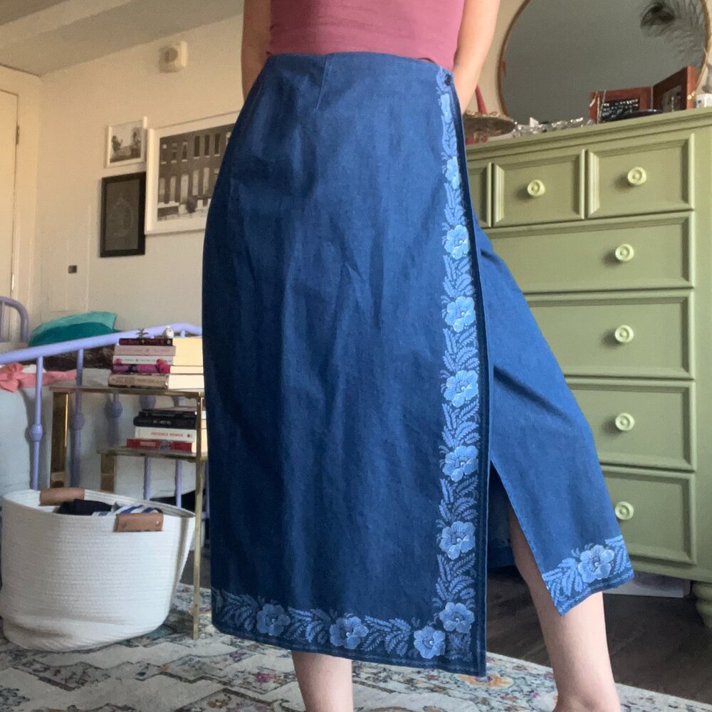 Blue wrap skirt with floral trim